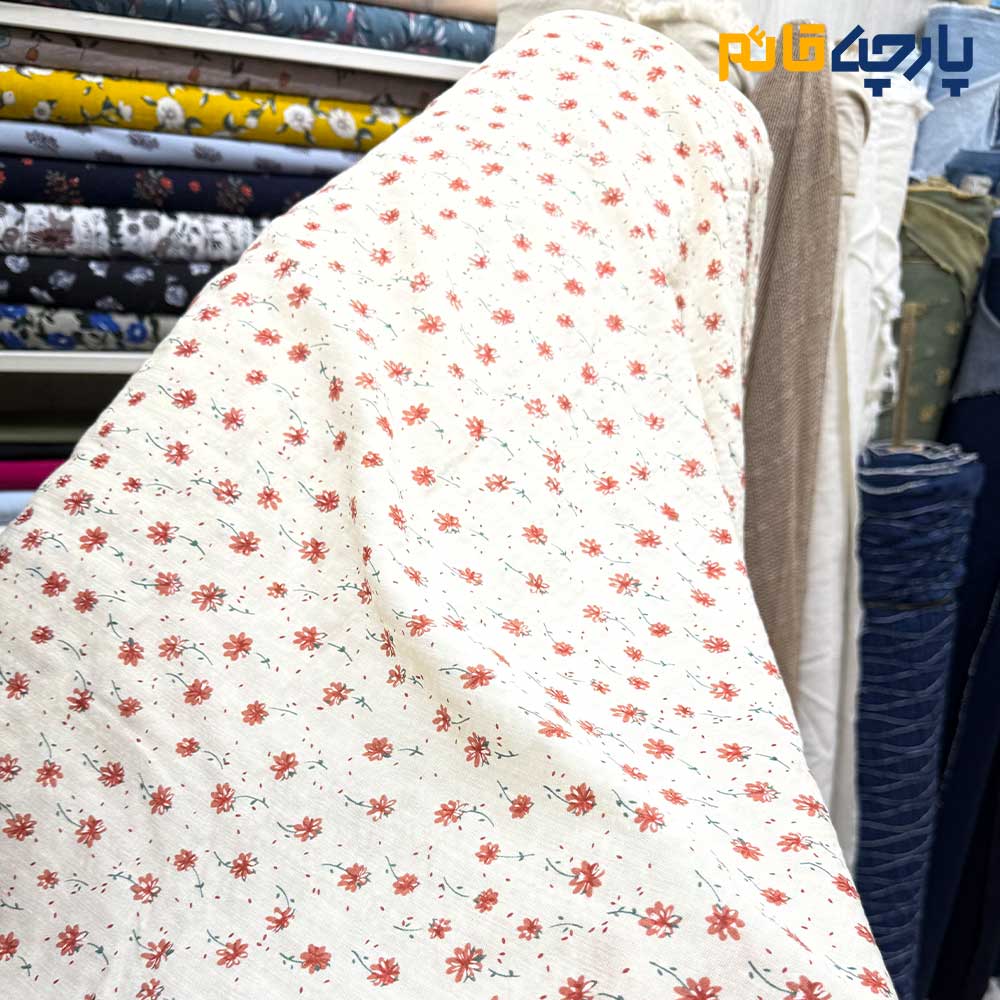 پارچه بهاره و تابستانه لینن طرحدار کره ای زمینه کرم روشن گلریز آجری نارنجی