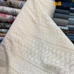 پارچه بهاره و تابستانه وال خامه دوزی کره ای رنگ کرم طبیعی (نچرال) طرح پر گل و خطی