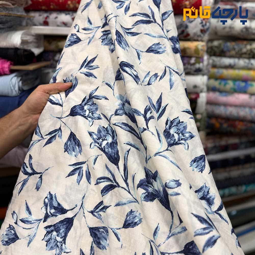 پارچه بهاره و تابستانه وال طرحدار کره ای زمینه کرم شیری گل آبی جین