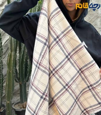 پارچه پاییزه و زمستانه شانل پشمی ایتالیایی چهارخونه رنگ سفید خط زرشکی و سرمه ای