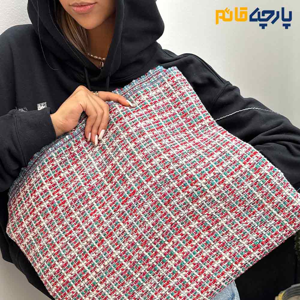 پارچه پاییزه و زمستانه شانل پشم ایتالیایی طرح ریز رنگ سبز و قرمز ژورنالی
