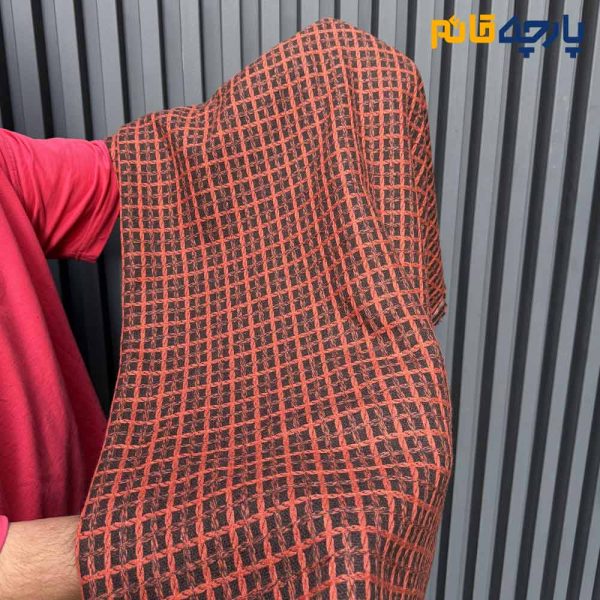 پارچه پاییزه و زمستانه کشمیر چهارخونه متوسط رنگ نارنجی قهوه ای ۲ رو