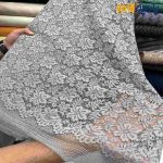 پارچه مجلسی دانتل قیطون دوزی برجسته دو طرف حاشیه رنگ طوسی روشن گل متوسط کد۹۳۴۶