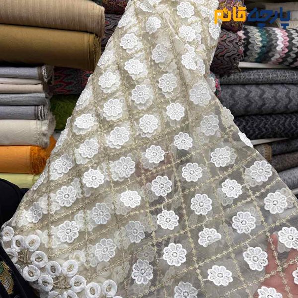 پارچه مجلسی تور کتان کره ای کرم طلایی با حاشیه دایره ای