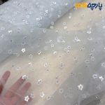 پارچه مجلسی دانتل آبی آسمانی روشن طرح برجسته ریز