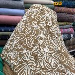پارچه مجلسی تور کتان کره ای زمینه کرم تیره ربان دوزی خاص