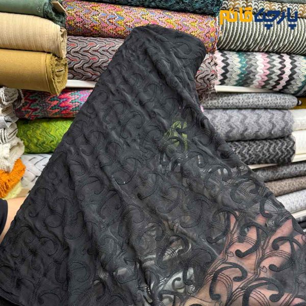 پارچه مجلسی تور کتان کره ای مشکی طرح کروی متوسط