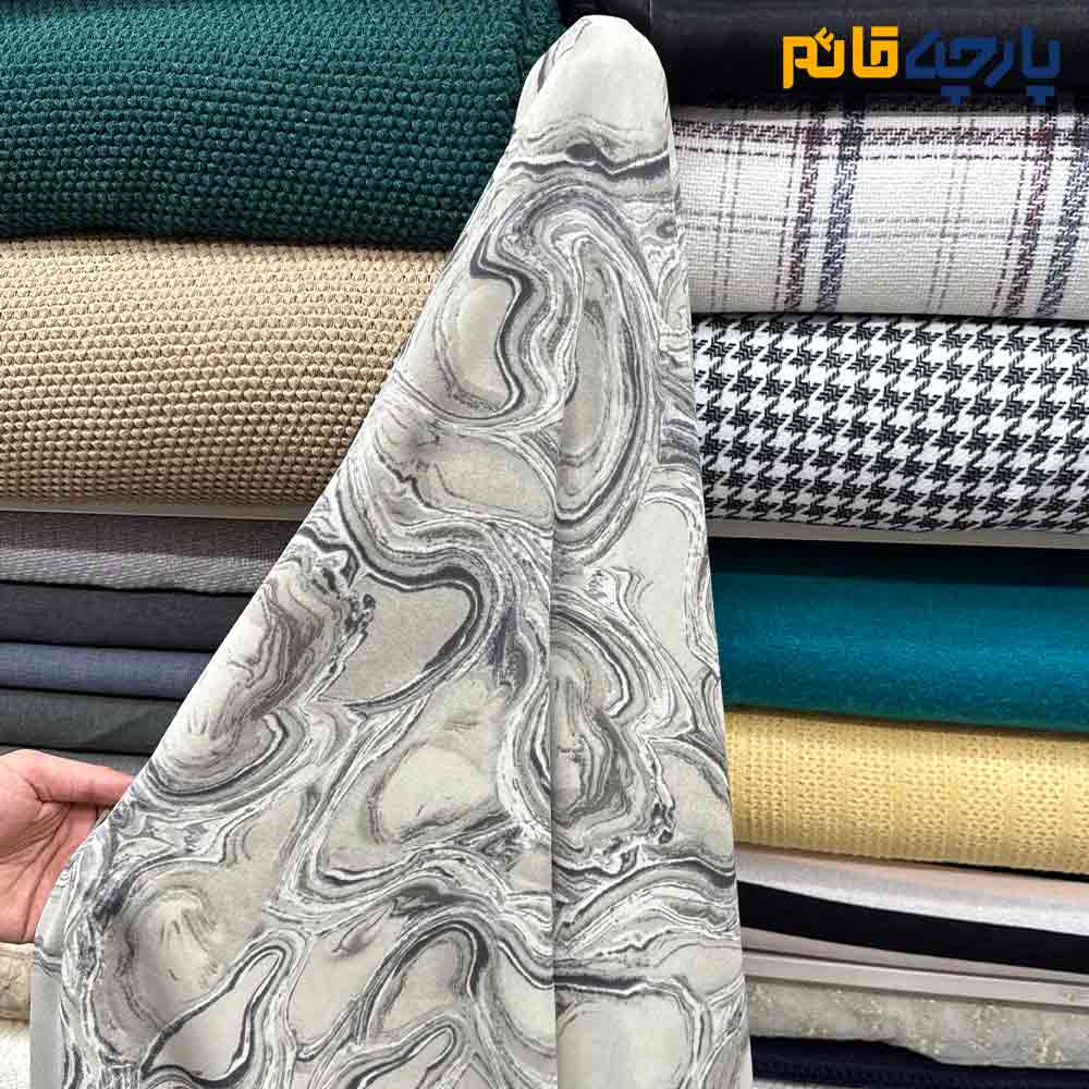 پارچه بهاره و تابستانه کرپ نخ طرحدار طرح کوبیسم رنگ کرم طوسی
