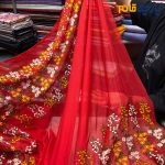 پارچه حریر طرحدار ابریشم ۲ طرف حاشیه رنگ قرمز خاص