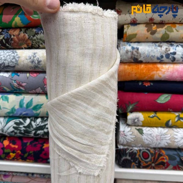 پارچه بهاره تابستانه لینن طرحدار طرح از خود رنگ کرم نچرال(طبیعی)