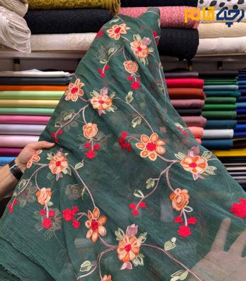 پارچه حریر طرحدار ابریشم گل دوزی زمینه سبز تیره