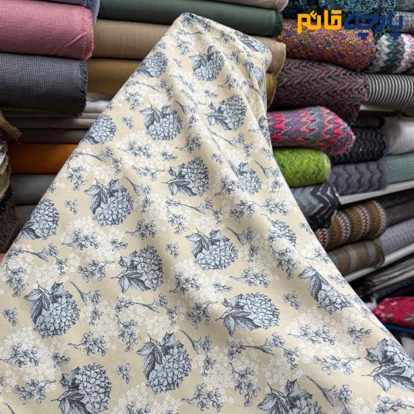 پارچه بهاره تابستانه لینن طرحدار کره ای زمینه کرم لیمونی طرح طوسی