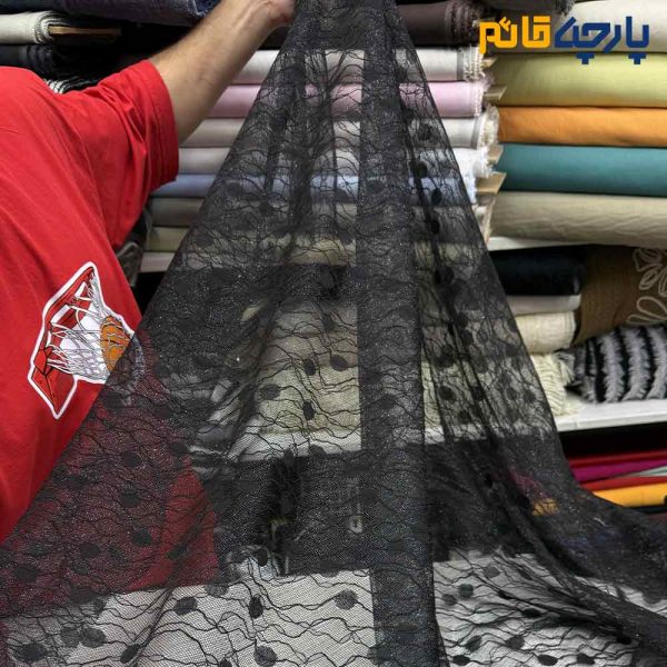 مجلسی تور کتان ایتالیایی رنگ مشکی طرح خطی دایره ای ریز