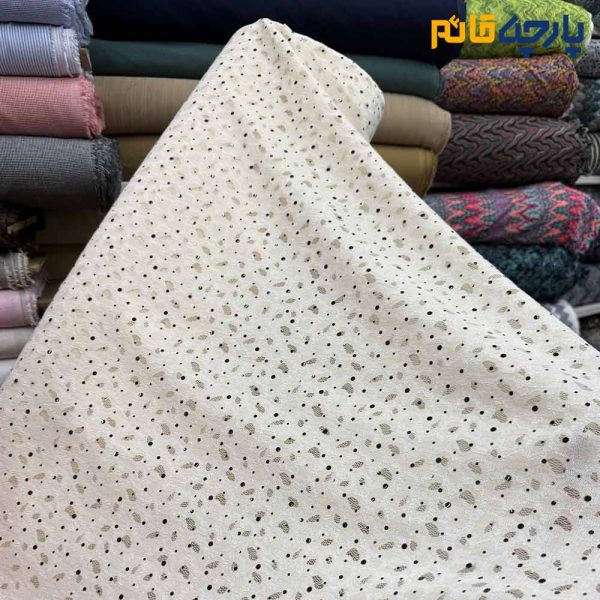 پارچه مجلسی تور کتان ایتالیایی ایتالیایی پولک دار رنگ کرم روشن