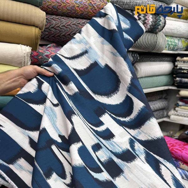 لینن طرحدار ریکو نخ ایتالیایی طرح هندسی درشت زمینه آبی سبز و کرم