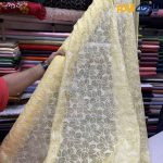 پارچه مجلسی تور کتان لیمویی سفید زمینه حریر اورگانز