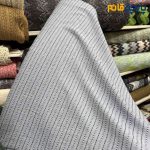 پارچه پاییزه و زمستانه کشمیر راه راه برجسته دورو رنک آبی و کرم طوسی