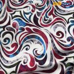 پارچه مجلسی سیلک طرحدار طرح رنگی خط و منحنی زمینه سفید