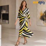 پارچه مجلسی سیلک ابریشم طرحدار طرح راه منحنی پیات رنگ زرد و مشکی