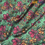 پارچه مجلسی سیلک ابریشم طرحدار خاص زمینه سبز روشن گل قرمز و زرد